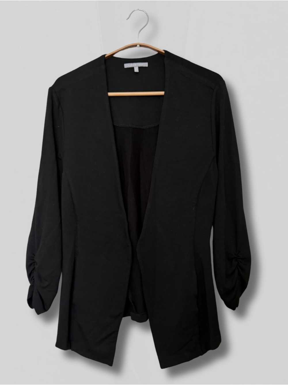 Classic Black Open-Front Blazer with Ruched Sleeve Detail
